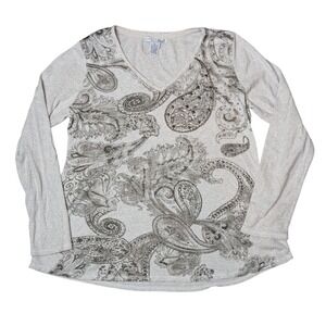 RXB Y2K Rhinestones Bling Stud‎ Western Paisley Gray Long Sleeve Top Women's XL